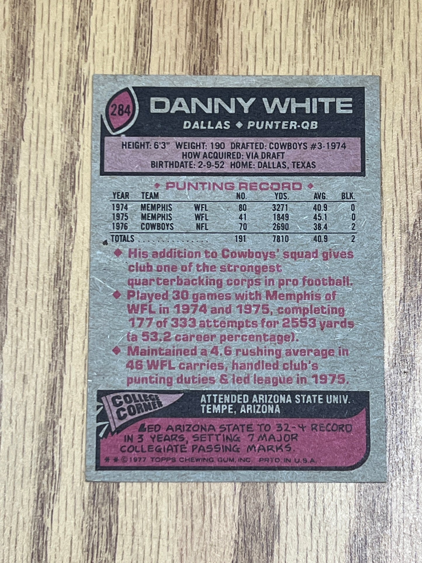 1977 Topps Football - Danny White - Rookie Card