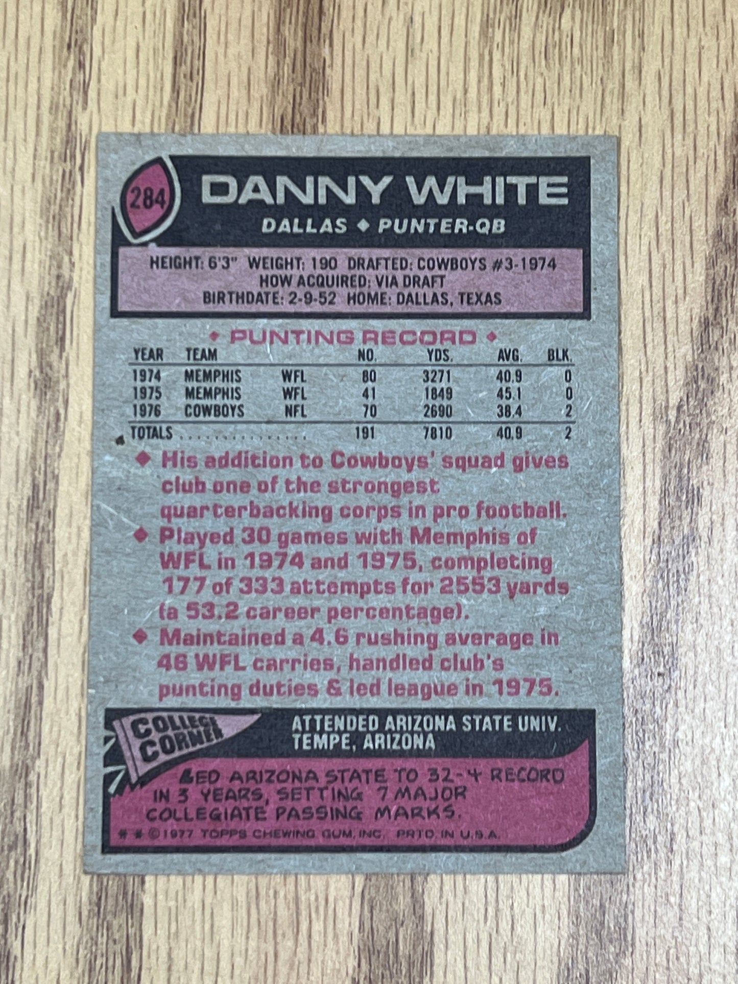 1977 Topps Football - Danny White - Rookie Card