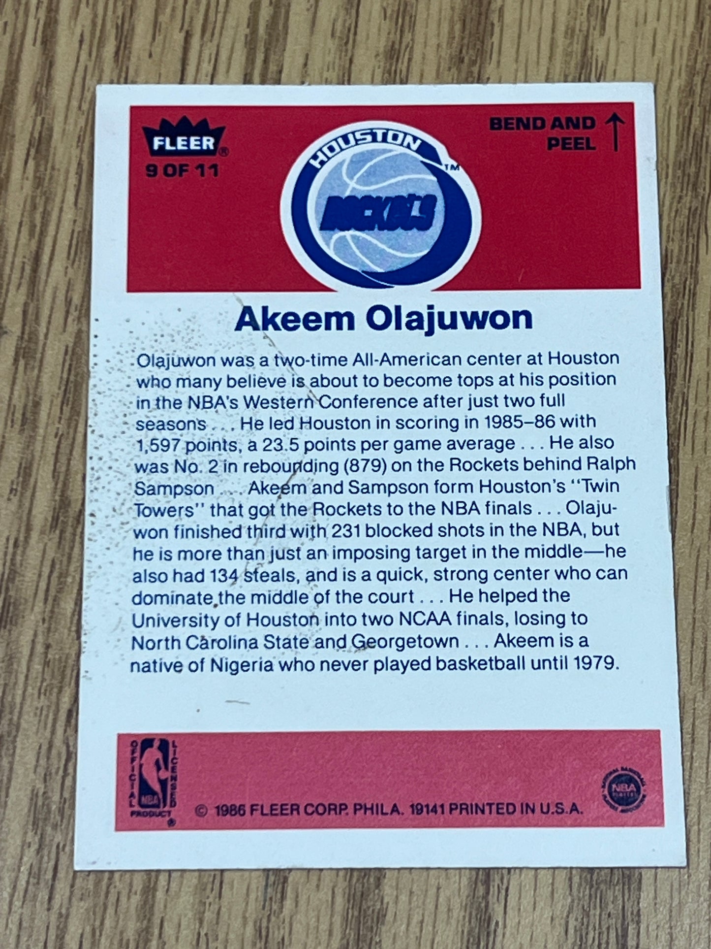 1986 Fleer Basketball - Akeem Olajawon - Sticker